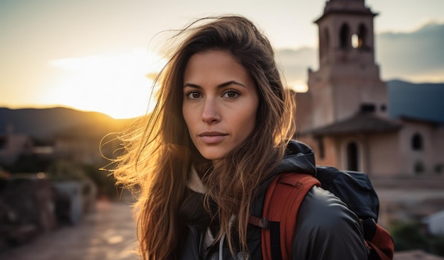 Pensive female tourist in front of a landmark Generative AI