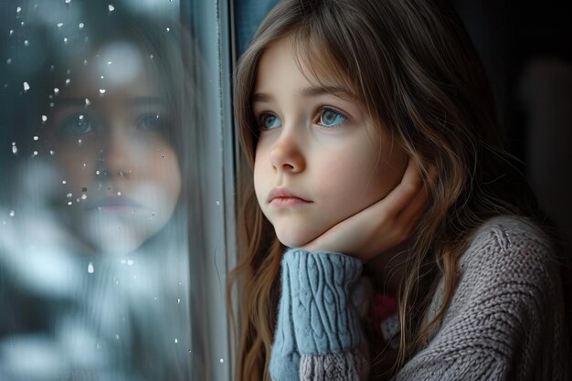 A pensive girl with her hand on her chin looks out the window