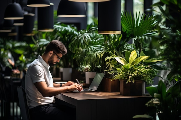 Pensive handsome businessman sitting and using tablet computer in office