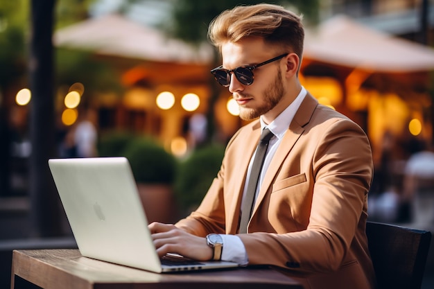 Pensive handsome businessman sitting and using tablet computer in office