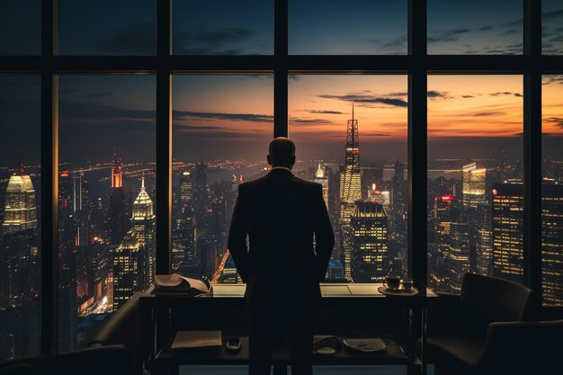 Pensive handsome businessman sitting and using tablet computer in office