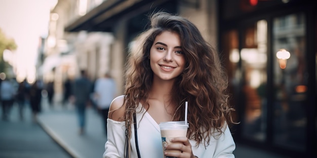 Pensive happy woman sipping a milkshake in the street