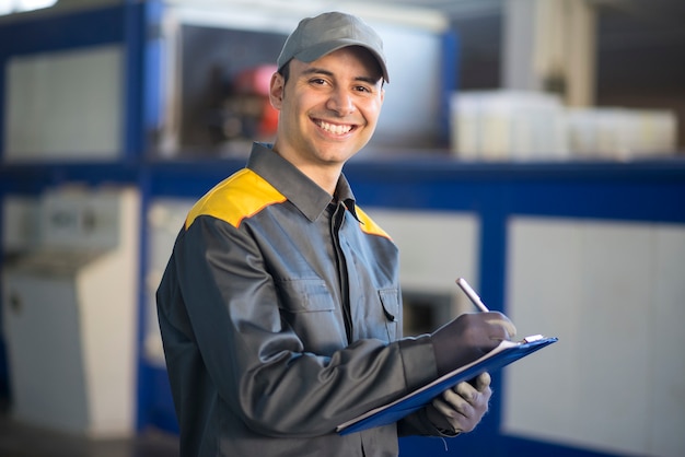 Foto scrittura pensive dell'operaio industriale su un documento