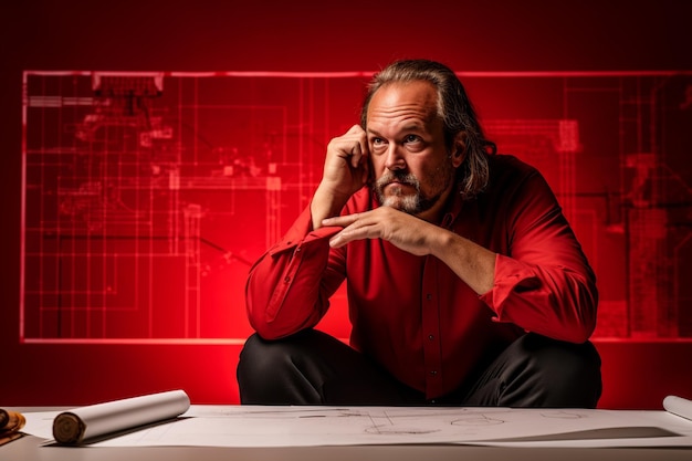 Pensive Male Architect with Blueprints on Flat Red Background