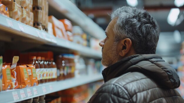 Задумчивый мужчина, тщательно выбирающий продукты в проходе супермаркета.