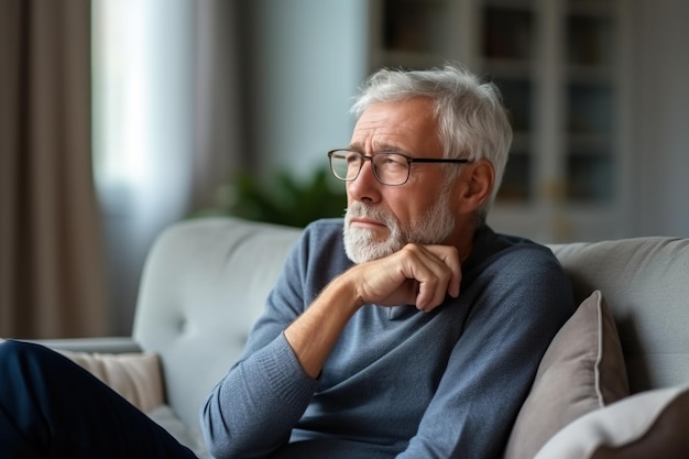 Pensive mature Caucasian greyhaired man relax on sofa in living room look in distance thinking dreaming Thoughtful senior 70s grandfather rest on couch at home