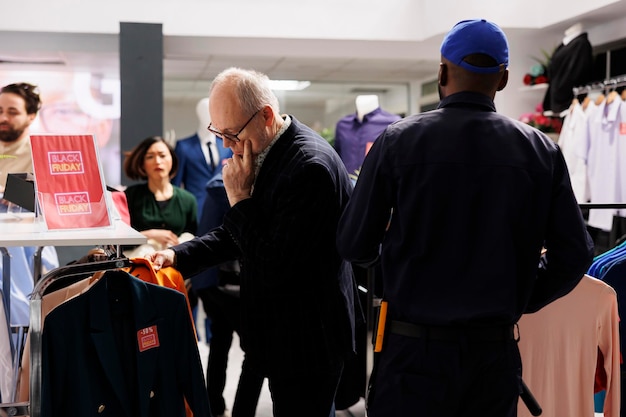 Pensive mature man shopping in fashion mall on Black Friday. Senior male costumer standing in crowded clothing store buying clothes during seasonal sales, looking through hangers with jackets