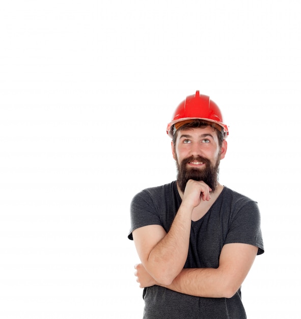 Pensive men with hipster look and red helmet 