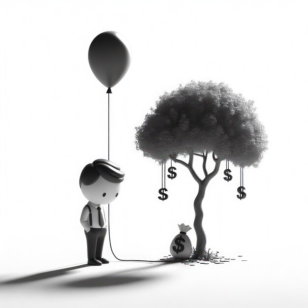 Pensive Moments Little Man Stands Alone with Hanging Balloon and Money Tree Shadow