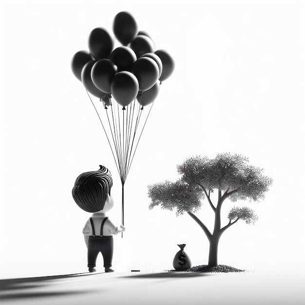 Pensive Moments Little Man Stands Alone with Hanging Balloon and Money Tree Shadow