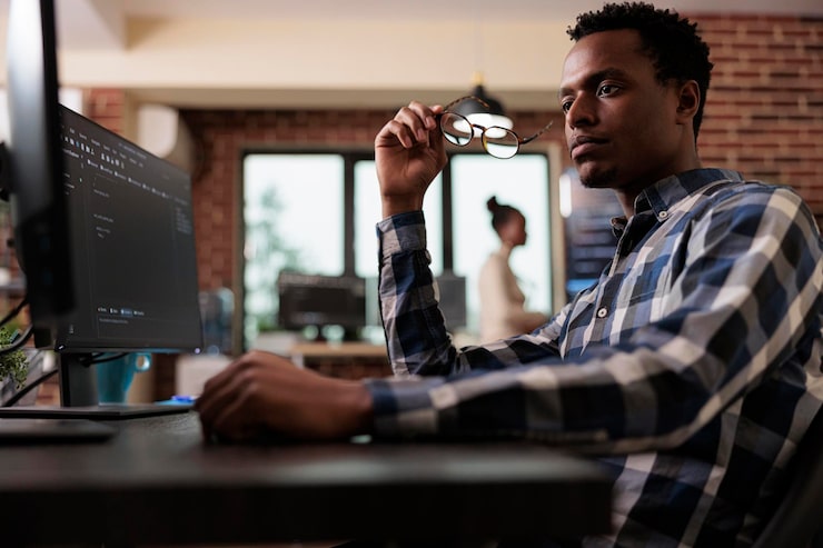 Photo pensive network engineer reflecting at failed data processing operation and security system unknown breach. thoughtful software developer thinking of ways to upgrade encryption program.
