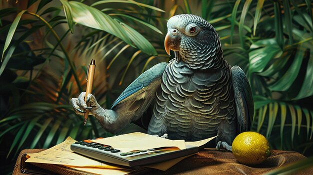 A pensive parrot in a business suit perched atop a calculator