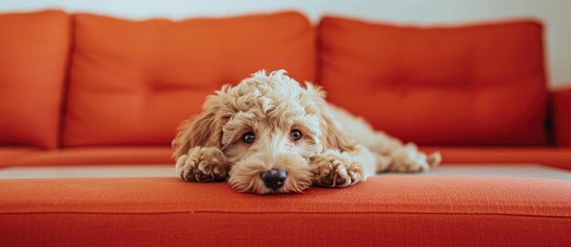 A pensive puppy lounges on a vibrant orange couch its eyes telling tales of lazy afternoons