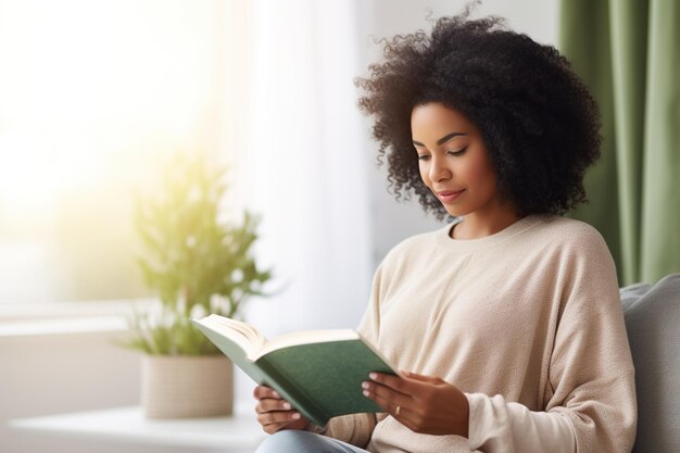 Pensive relaxed African American woman reading a book at home drinking coffee sitting on the couch Copy space