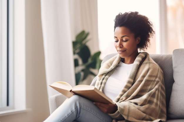 Pensive relaxed African American woman reading a book at home drinking coffee sitting on the couch Copy space