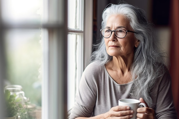 Pensive retired woman in her 70 at home Generative AI illustration