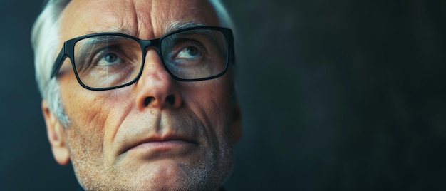 Pensive senior man with glasses looking upward in introspective contemplation