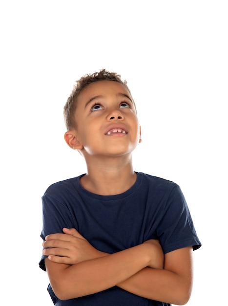 Pensive small child with blue t-shirt 