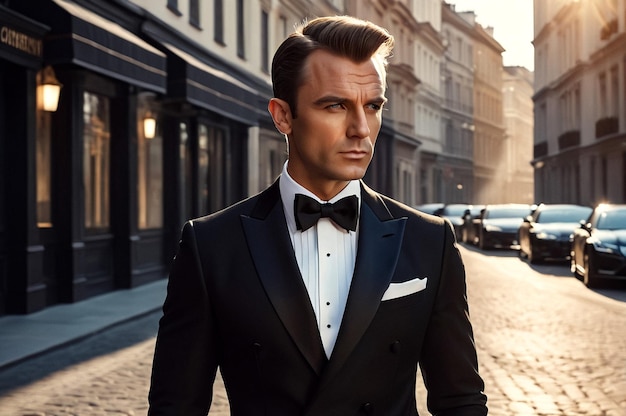 Pensive stylish man in tuxedo and bow tie posing at urban street thought look Portrait of confident