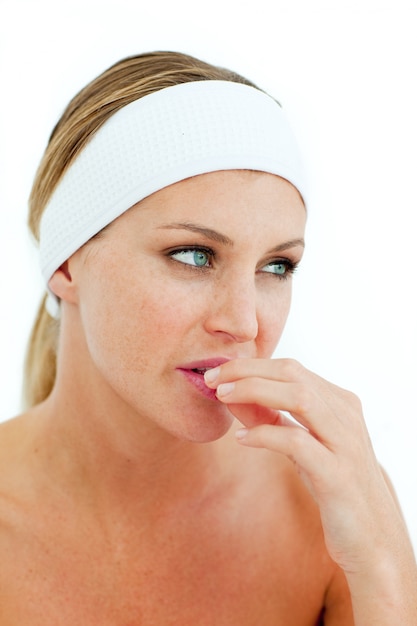 Photo pensive woman after having a spa treatment