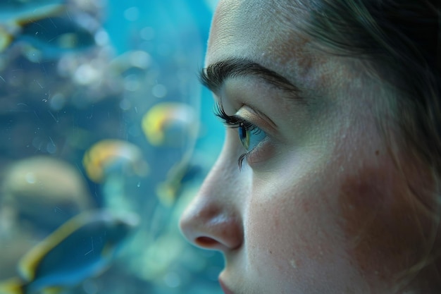 Задумчивая женщина смотрит на рыбу в аквариуме