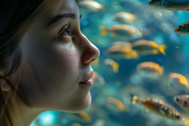 アクアリウムで魚を見つめている考え深い女性