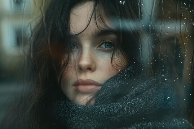  Pensive Woman Gazing Through Rainy Window | Premium AI-generated image