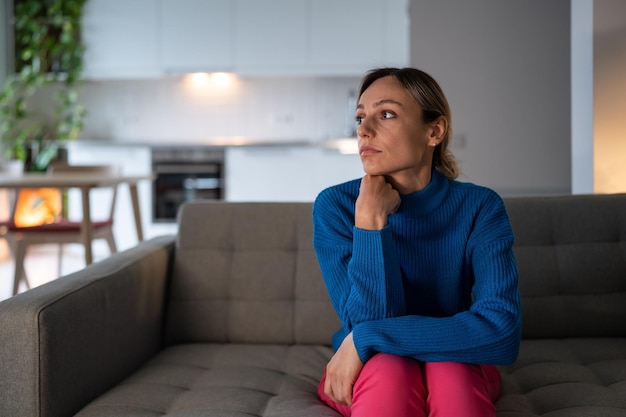 Pensive woman sits on comfortable sofa with exhausted and depressed expression in apartment