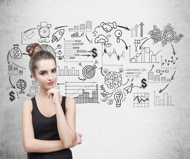 Pensive woman in a tank top business scheme