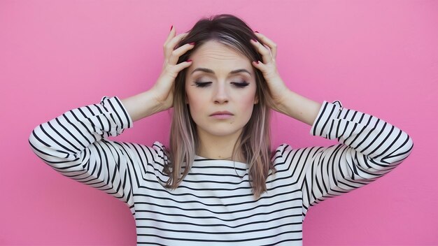 Pensive woman with long eyelashes standing on pink