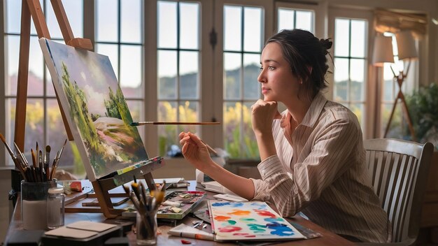 Pensive woman working at home