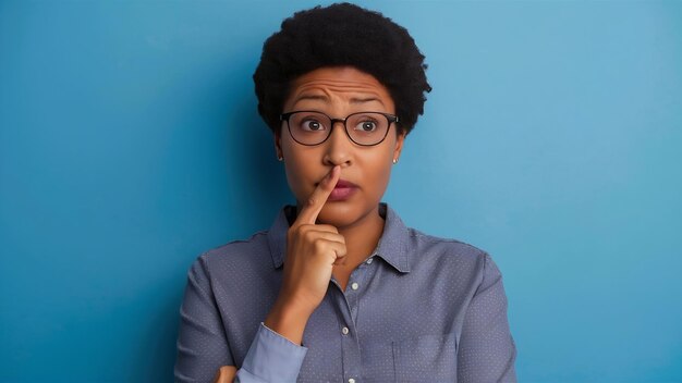 Foto pensieroso, preoccupato, direttore artistico afroamericano vestito casualmente, con il dito sulle labbra.