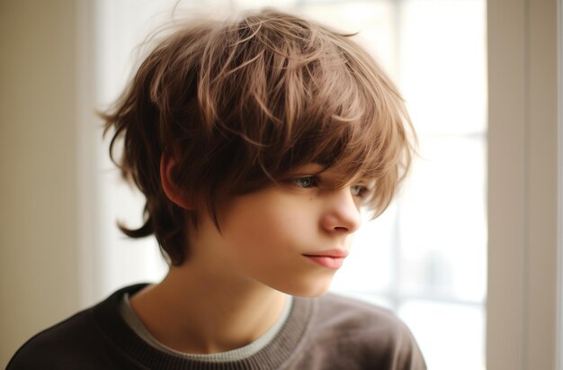 Photo pensive young boy with tousled hair looking out a window