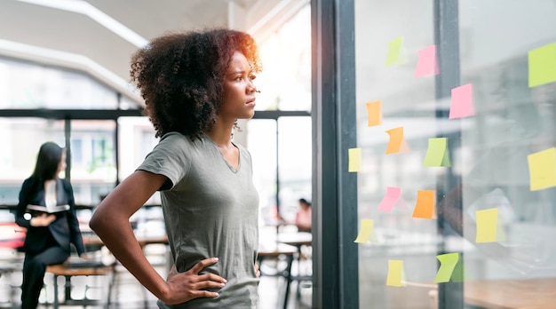 Pensive young businesswoman standing next to a glass wall looking at sticky note