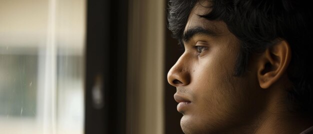 思慮深い若い男が窓の外をじっと見つめ考えに没頭している
