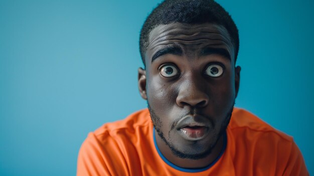 Pensive Young Man in Orange Shirt on Blue