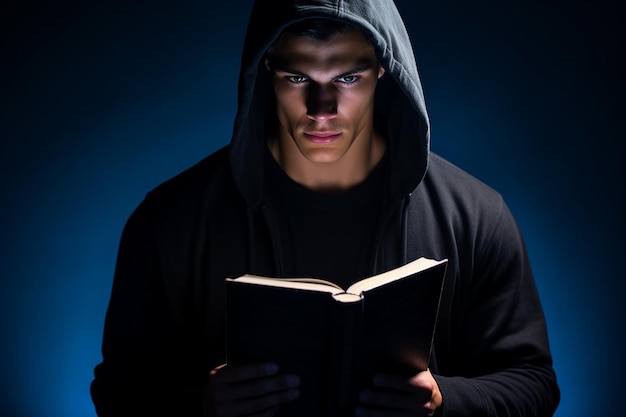 Pensive Young Man with Book in Black Hoodie