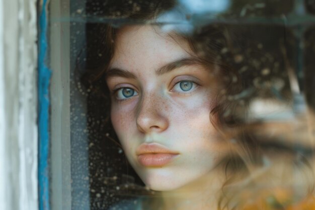 Pensive young woman staring out of a window with a faraway expression reflected in the glass