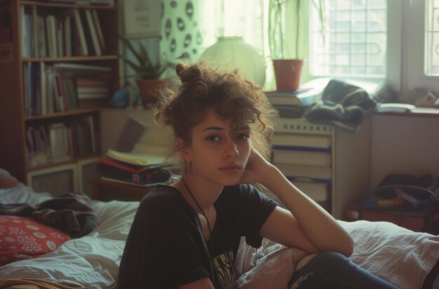 Photo pensive young woman in a sunlit cluttered bedroom