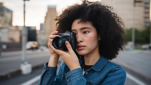 Pensive young woman taking a photo