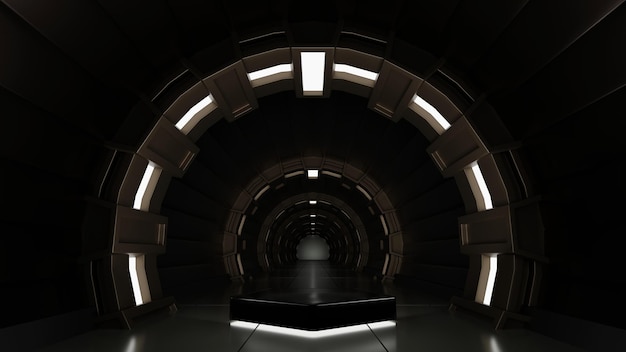 製品プレゼンテーション用の宇宙船または宇宙ステーション内部のSFトンネルステージでのペンタゴン表彰台3Dレンダリング