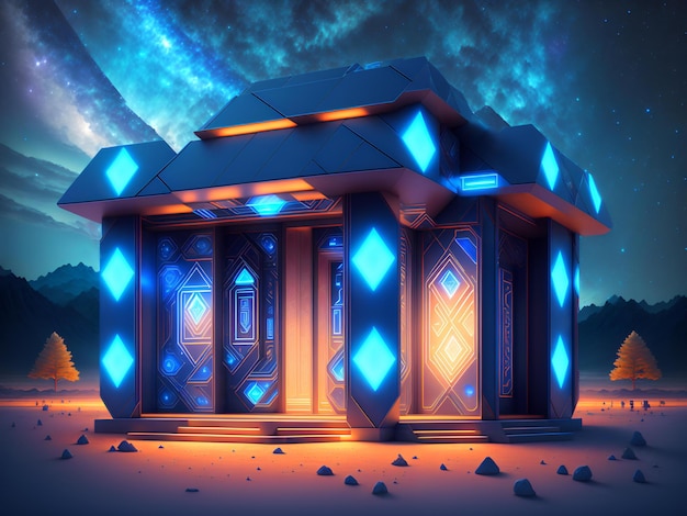 Foto chiosco del tempio indigeno pentagonale con fasci di neon blu