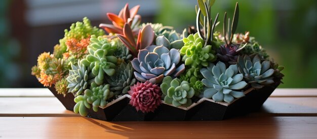 Photo pentagonal succulent display on table