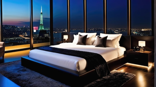 penthouse bedroom at night dark gloomy A room with a view of the city from the bed
