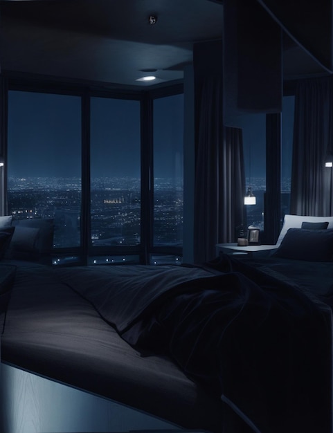 penthouse bedroom at night dark gloomy A room with a view of the city from the bed