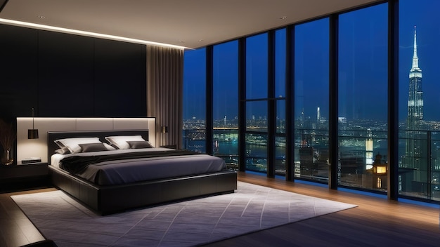 Penthouse slaapkamer's nachts donker somber een kamer met uitzicht op de stad vanaf het bed