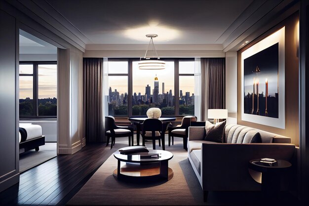 Photo penthouse suite with view of the city skyline and park featuring sleek modern decor