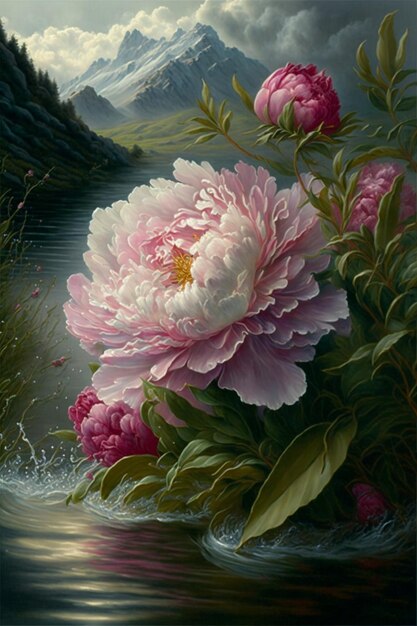 Peonies are blooming all over the mountains and fields Generative Ai