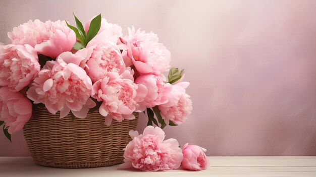 Photo peonies in a basket as a holiday card with copy space womens day mothers day