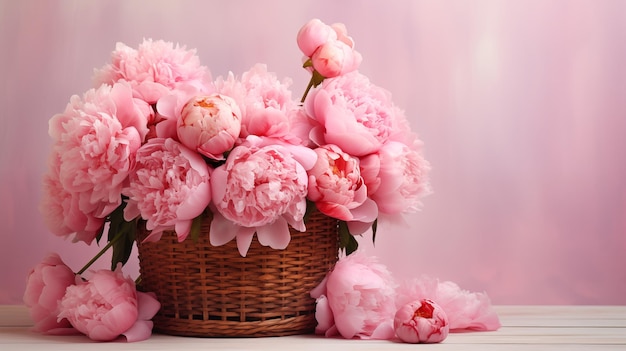 Photo peonies in a basket as a holiday card with copy space womens day mothers day